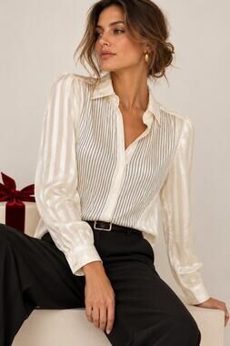 Jeunesse NEW 100% Silk Ivory Black Stripe Tuxedo Blouse Sheer Satin Shirt XS NWT